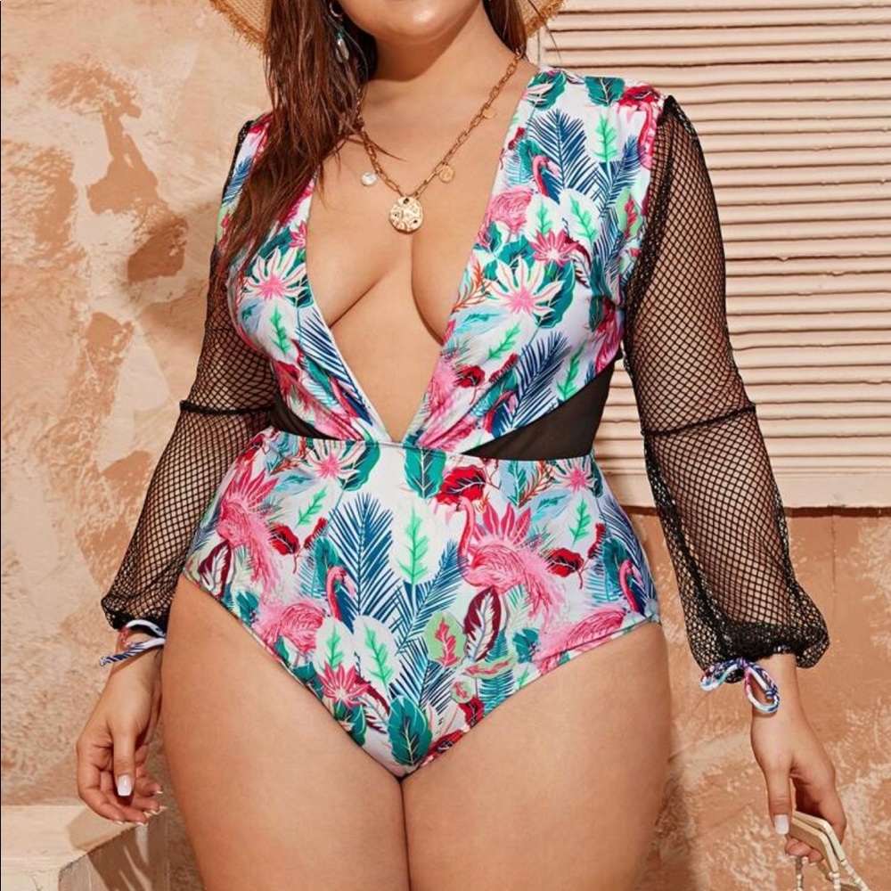 Fishnet Sleeve Tropical One Piece Swimsuit